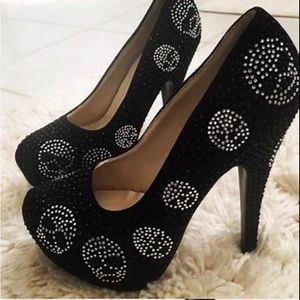 Delicacy Black with Silver Rhinestone Skull Platform Shoes Size 7.5